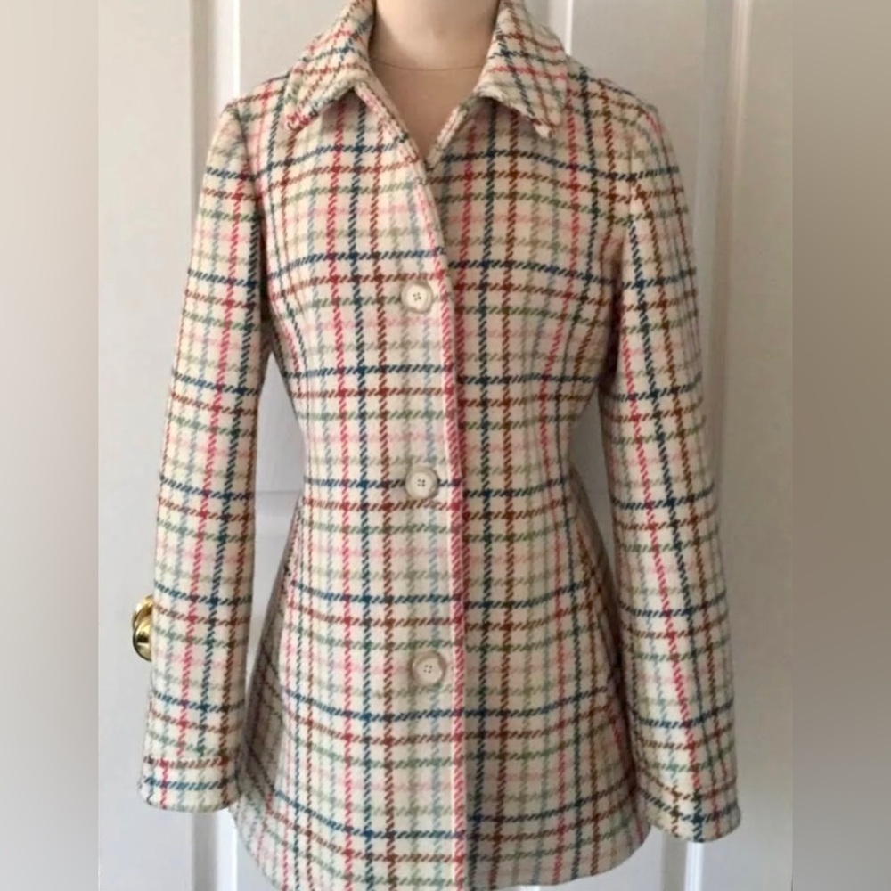COACH Women’s Tweed Wool Tattersall Plaid Coat Ivory Multicolor